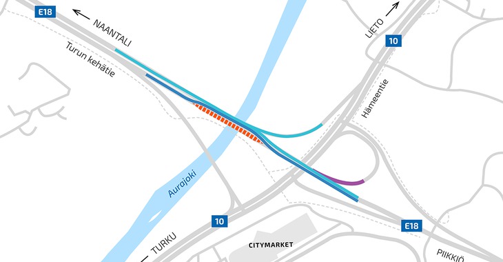 Turun kehätien liikenne siirtyy kulkemaan kehätien pohjoispuolta Aurajoen ylittävien siltojen kohdalla