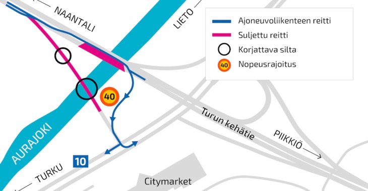 Kauselan eritasoliittymän ramppi Naantalin suunnasta valtatielle 10 siirtyy kiertoreitille siltaremontin ajaksi